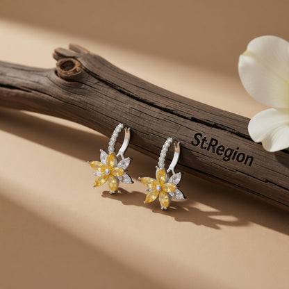 Yellow Crystal and Cubic Zirconia Flower Huggie Earrings, huggie earrings, everyday style, front view