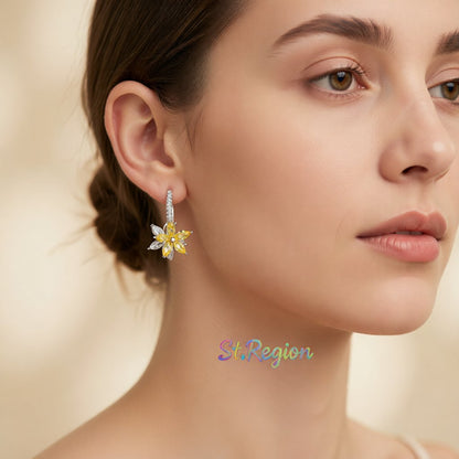 Yellow Crystal and Cubic Zirconia Flower Huggie Earrings, huggie earrings, everyday style, styled look