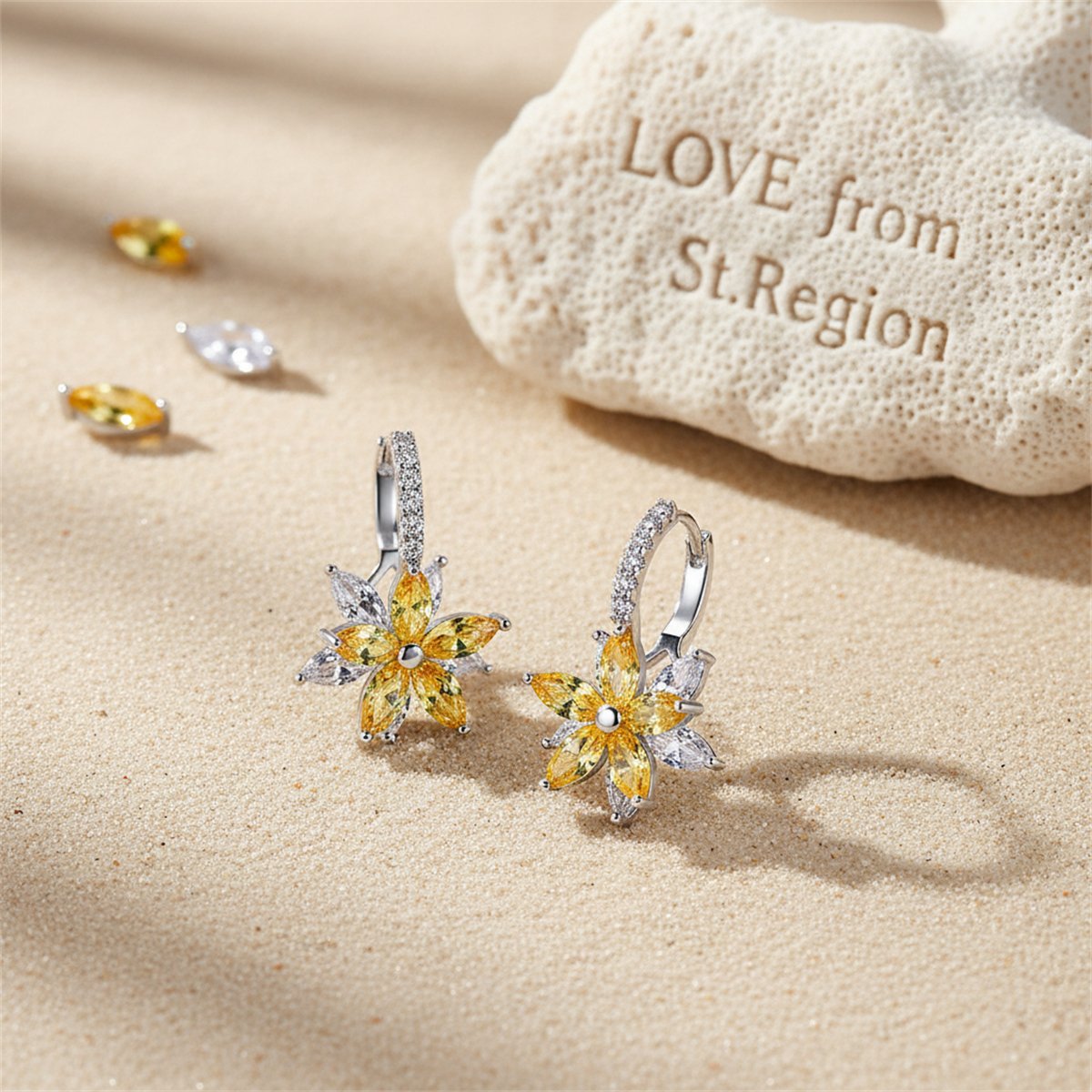 Yellow Crystal and Cubic Zirconia Flower Huggie Earrings, huggie earrings, everyday style, lifestyle look