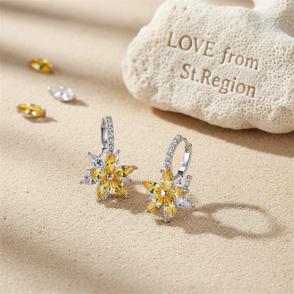 Yellow Crystal and Cubic Zirconia Flower Huggie Earrings, huggie earrings, everyday style, lifestyle look