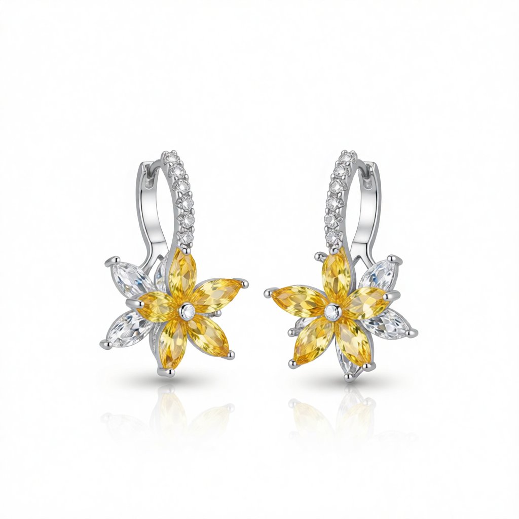 Yellow Crystal and Cubic Zirconia Flower Huggie Earrings, huggie earrings, everyday style, side view