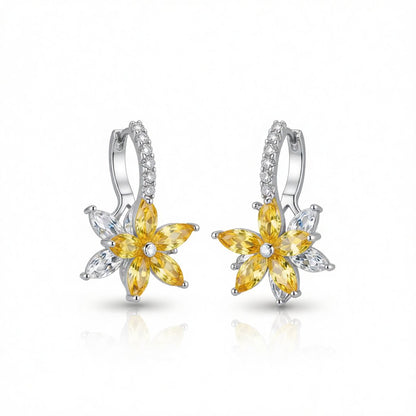 Yellow Crystal and Cubic Zirconia Flower Huggie Earrings, huggie earrings, everyday style, side view