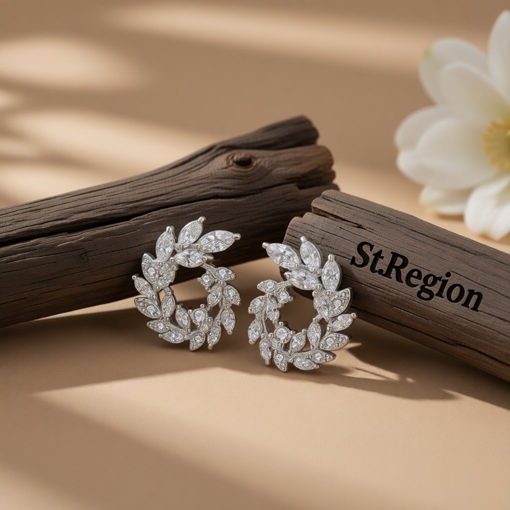 Crystal and Cubic Zirconia Silver-Plated Rattan Stud Earrings, silver stud earrings for women, front view