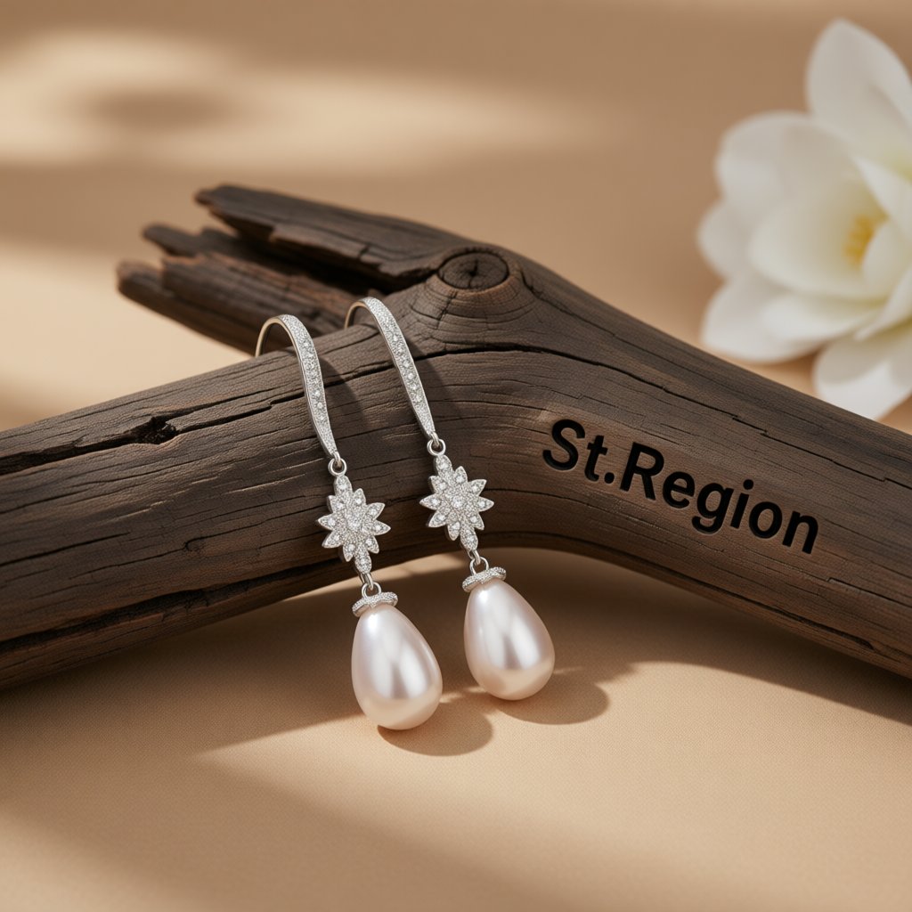Pearl and Cubic Zirconia Silver-Plated Flower Drop Earrings, silver drop earrings for women, botanical inspired, front view