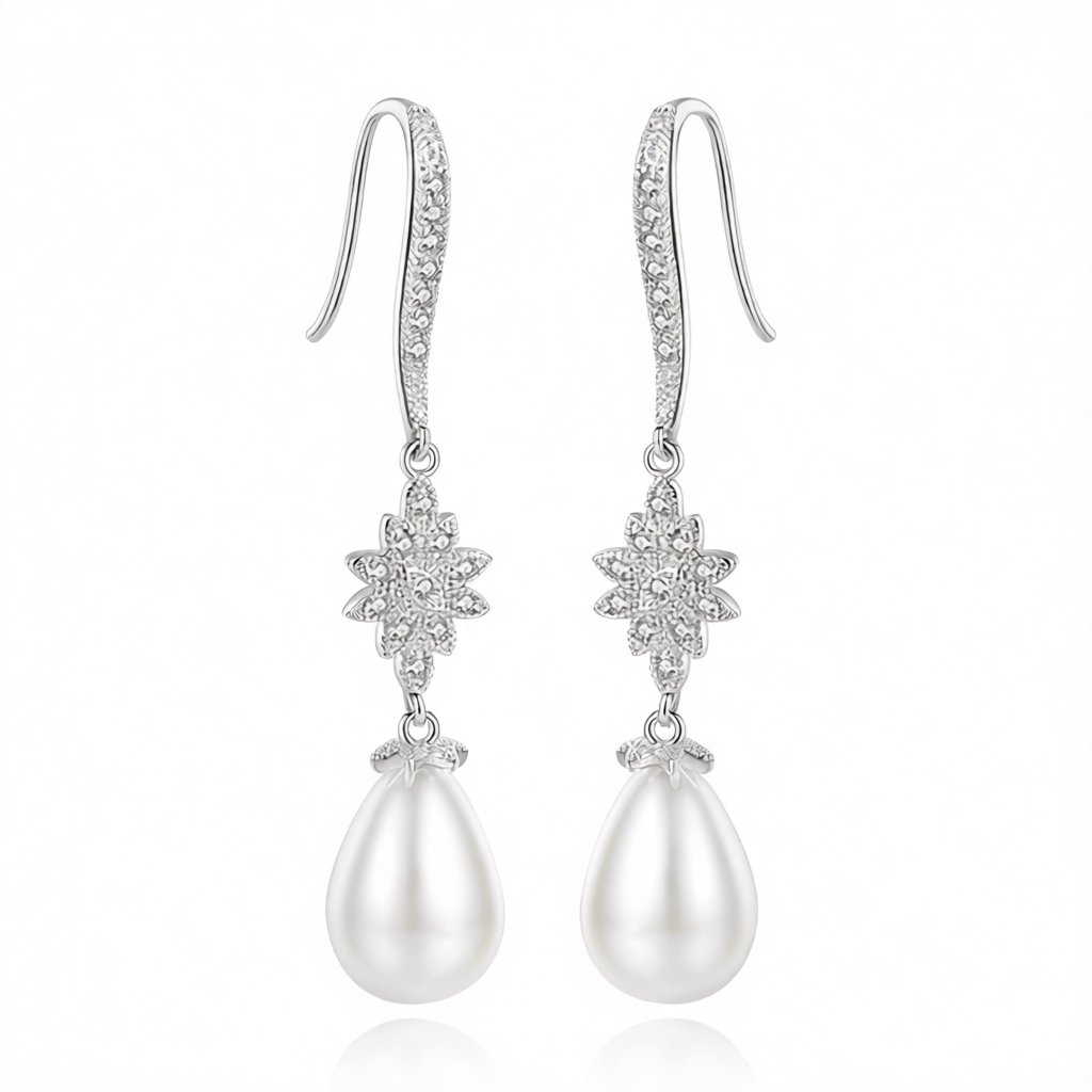 Pearl and Cubic Zirconia Silver-Plated Flower Drop Earrings, silver drop earrings for women, botanical inspired, side view