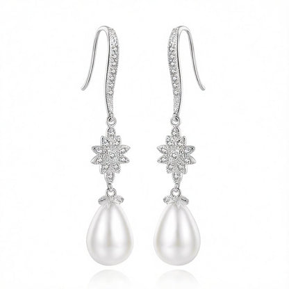 Pearl and Cubic Zirconia Silver-Plated Flower Drop Earrings, silver drop earrings for women, botanical inspired, side view