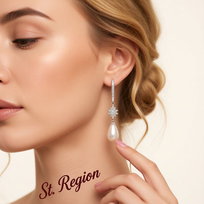 Pearl and Cubic Zirconia Silver-Plated Flower Drop Earrings, silver drop earrings for women, botanical inspired, styled look