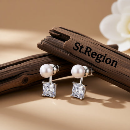 Crystal and Pearl Silver-Plated Princess-Cut Ear Jackets, elegant gift for her, front view