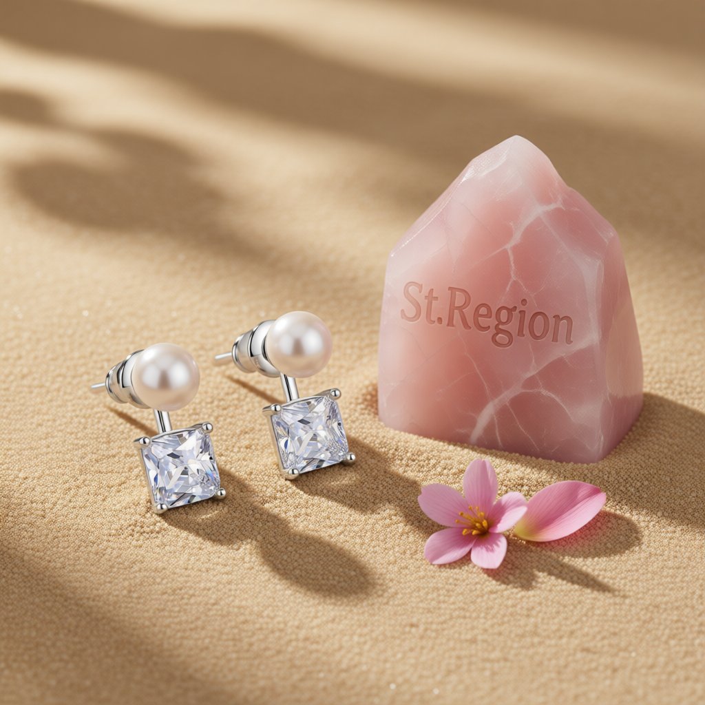 Crystal and Pearl Silver-Plated Princess-Cut Ear Jackets, elegant gift for her, detail close-up