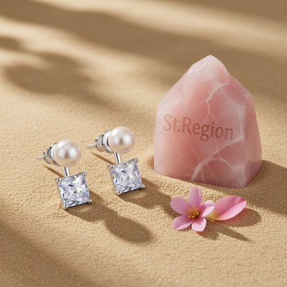 Crystal and Pearl Silver-Plated Princess-Cut Ear Jackets, elegant gift for her, detail close-up