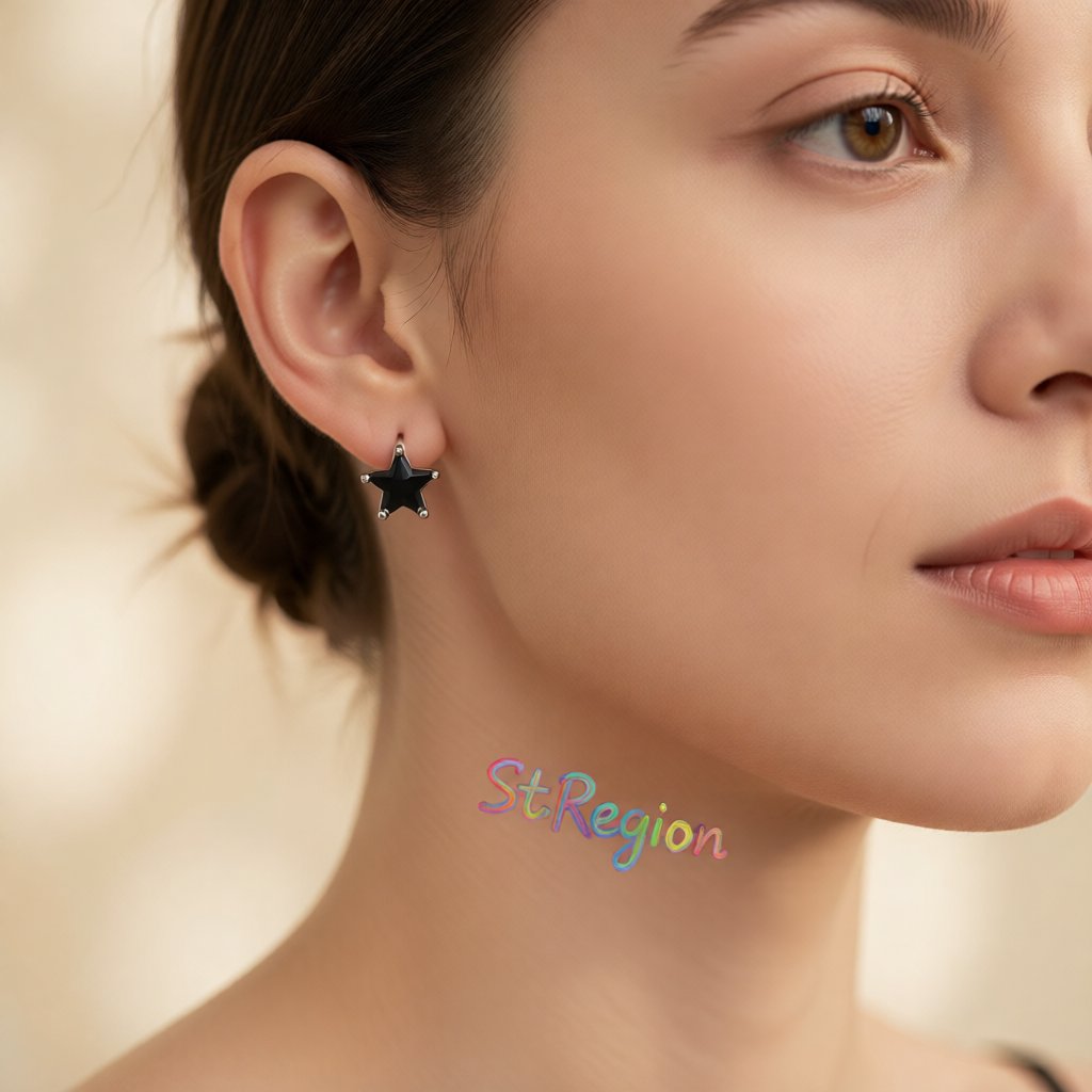 Black Crystal and Silver-Plated Star Stud Earrings, silver stud earrings for women, everyday style, styled look