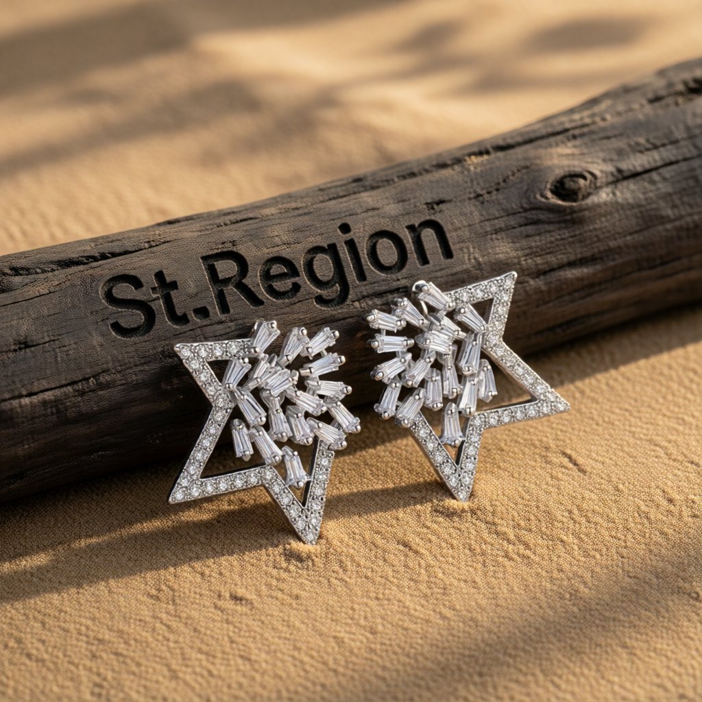 Cubic Zirconia and Crystal Silver-Plated Open Star Stud Earrings, silver stud earrings for women, everyday style, front view
