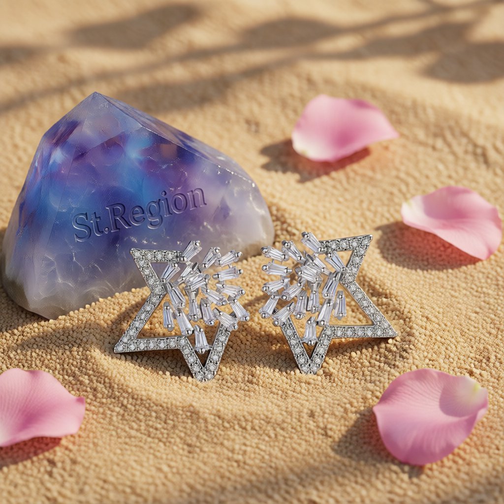 Cubic Zirconia and Crystal Silver-Plated Open Star Stud Earrings, silver stud earrings for women, detail close-up
