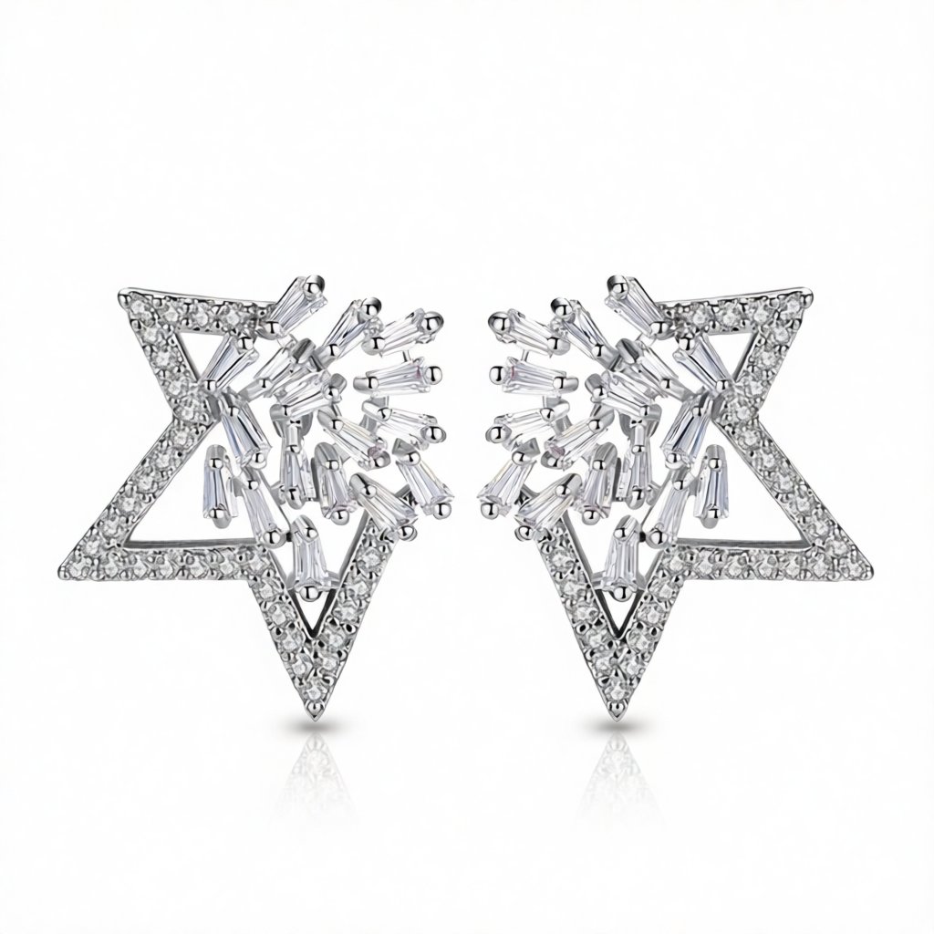 Cubic Zirconia and Crystal Silver-Plated Open Star Stud Earrings, silver stud earrings for women, everyday style, side view