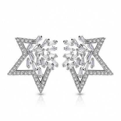 Cubic Zirconia and Crystal Silver-Plated Open Star Stud Earrings, silver stud earrings for women, everyday style, side view
