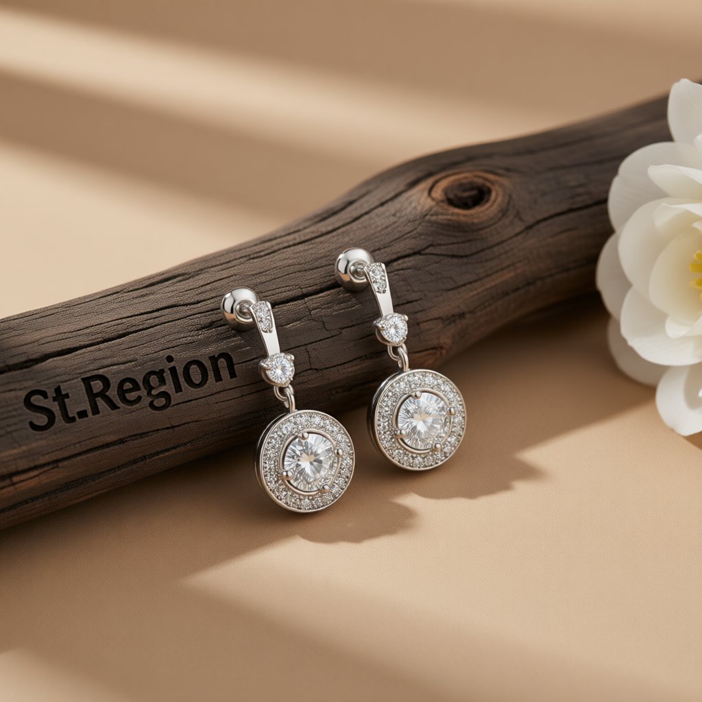 Crystal and Cubic Zirconia Halo Round Drop Earrings, drop earrings for women, elegant gift for her, front view