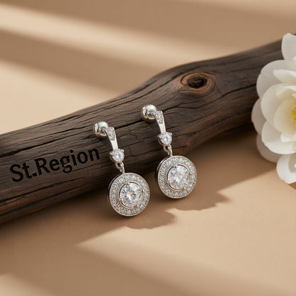 Crystal and Cubic Zirconia Halo Round Drop Earrings, drop earrings for women, elegant gift for her, front view