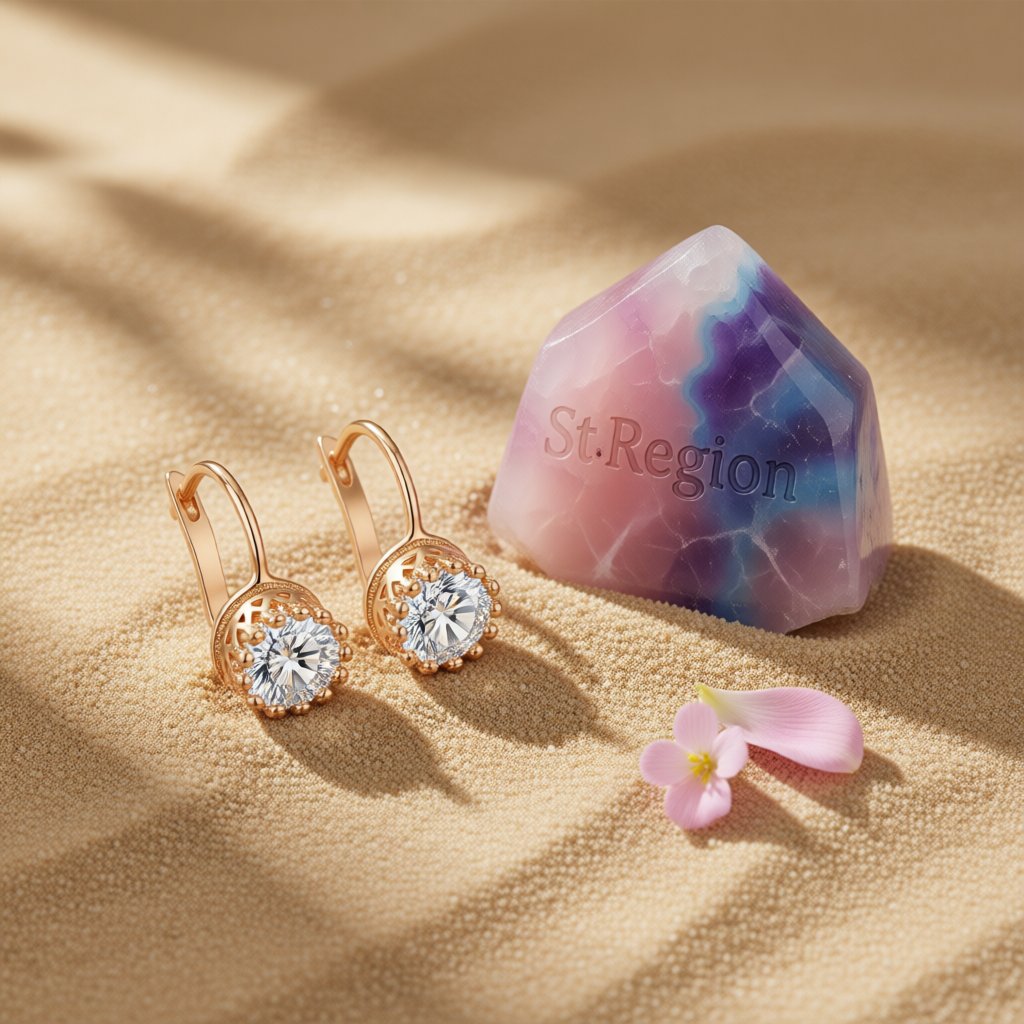 Crystal and 18K Rose Gold-Plated Round Huggie Earrings, rose gold huggie earrings, vintage-inspired design, detail close-up