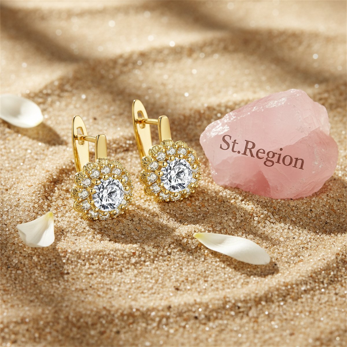 Cubic Zirconia and Crystal 18K Gold-Plated Crystal Flower Huggie Earrings, gold huggie earrings, detail close-up