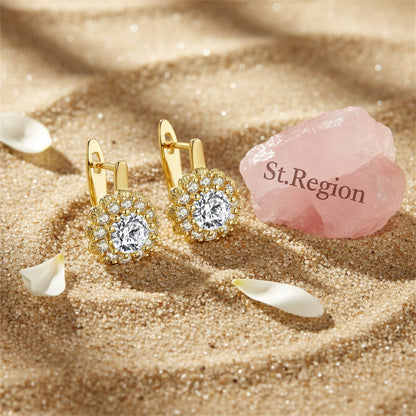 Cubic Zirconia and Crystal 18K Gold-Plated Crystal Flower Huggie Earrings, gold huggie earrings, detail close-up