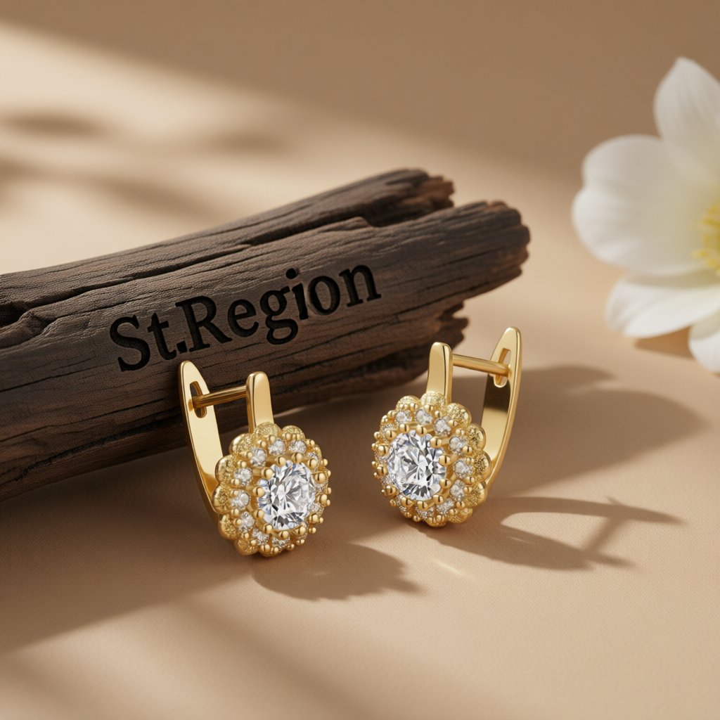 Cubic Zirconia and Crystal 18K Gold-Plated Crystal Flower Huggie Earrings, gold huggie earrings, front view