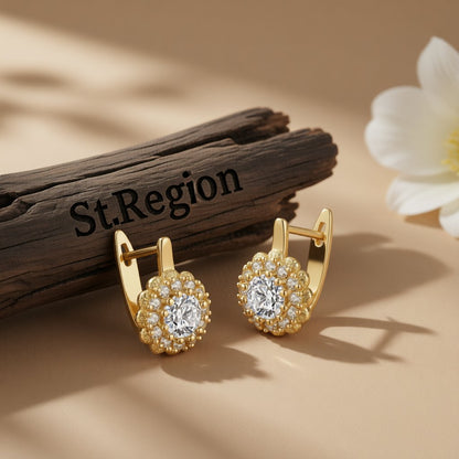 Cubic Zirconia and Crystal 18K Gold-Plated Crystal Flower Huggie Earrings, gold huggie earrings, front view