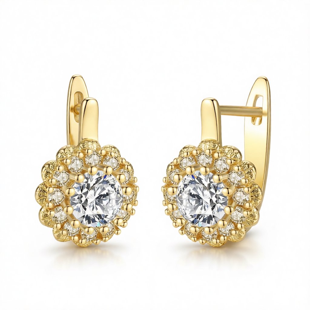 Cubic Zirconia and Crystal 18K Gold-Plated Crystal Flower Huggie Earrings, gold huggie earrings, side view