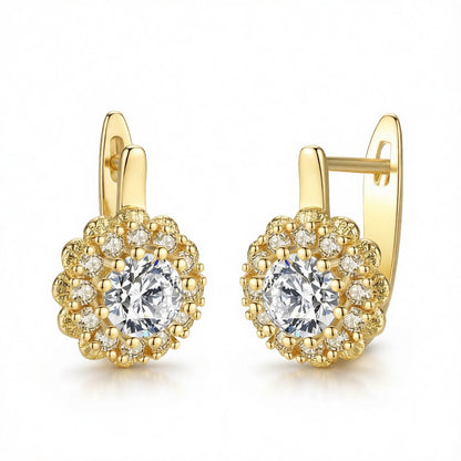 Cubic Zirconia and Crystal 18K Gold-Plated Crystal Flower Huggie Earrings, gold huggie earrings, side view