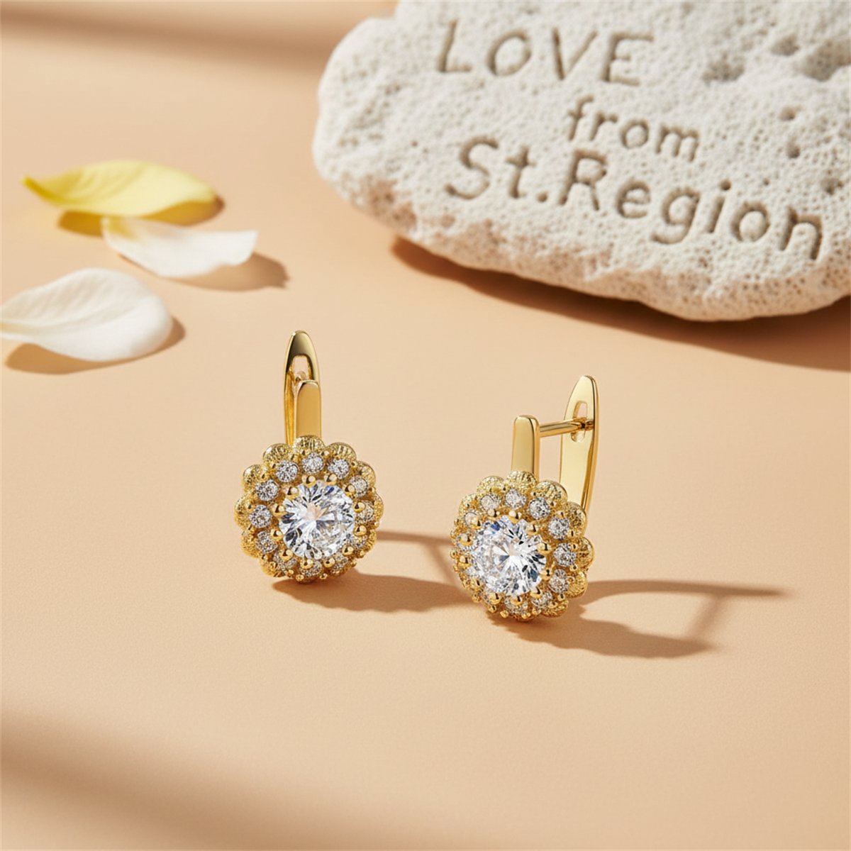 Cubic Zirconia and Crystal 18K Gold-Plated Crystal Flower Huggie Earrings, gold huggie earrings, lifestyle look