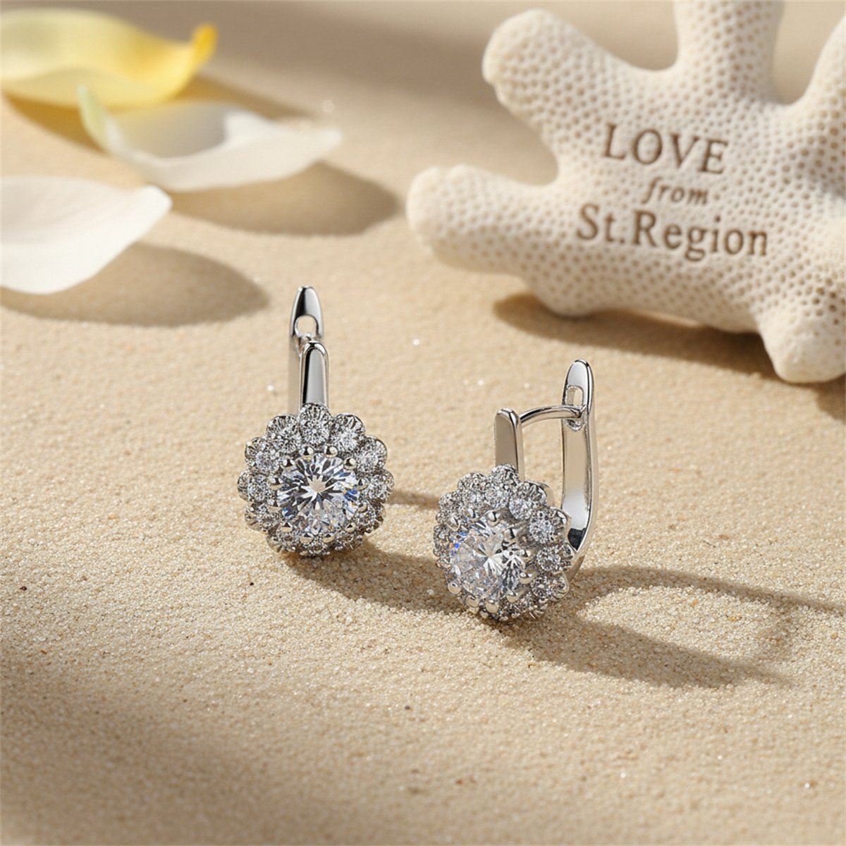 Crystal and Cubic Zirconia Silver-Plated Flower Huggie Earrings, silver huggie earrings, botanical inspired, lifestyle look
