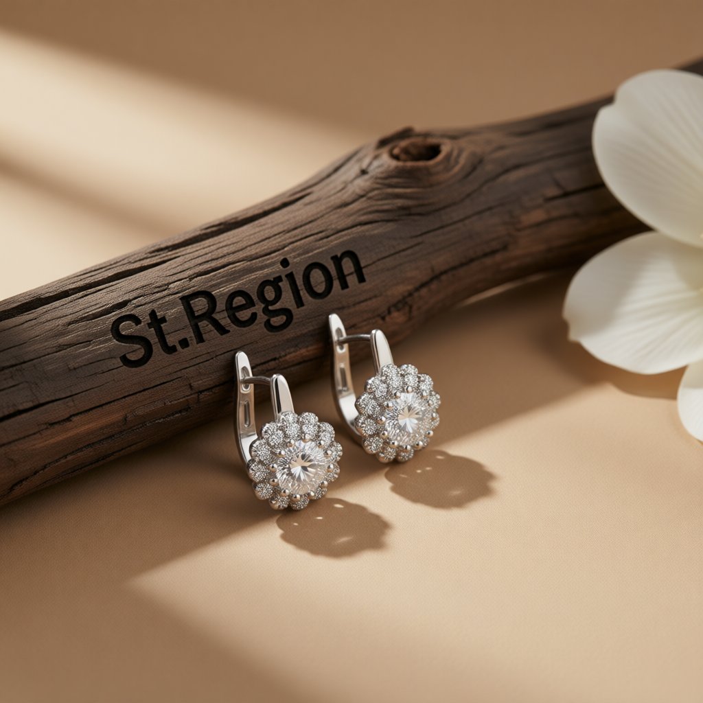 Crystal and Cubic Zirconia Silver-Plated Flower Huggie Earrings, silver huggie earrings, botanical inspired, front view