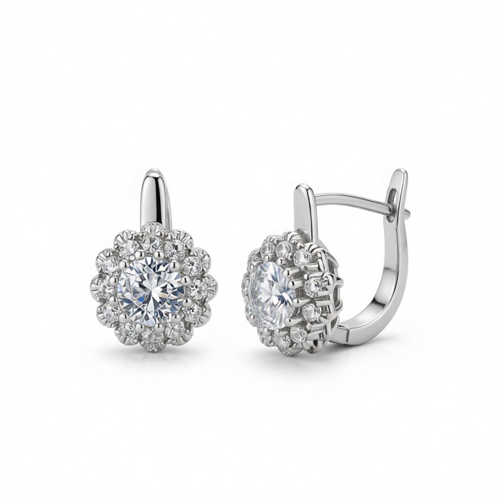 Crystal and Cubic Zirconia Silver-Plated Flower Huggie Earrings, silver huggie earrings, botanical inspired, side view