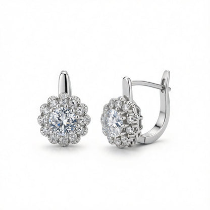 Crystal and Cubic Zirconia Silver-Plated Flower Huggie Earrings, silver huggie earrings, botanical inspired, side view
