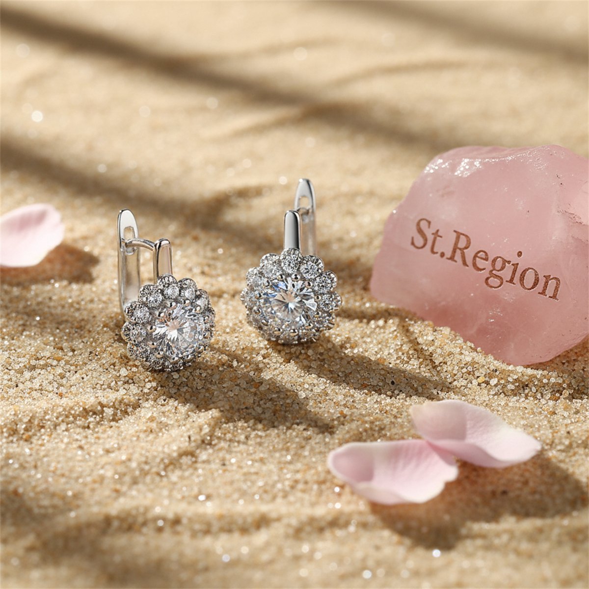 Crystal and Cubic Zirconia Silver-Plated Flower Huggie Earrings, silver huggie earrings, botanical inspired, detail close-up