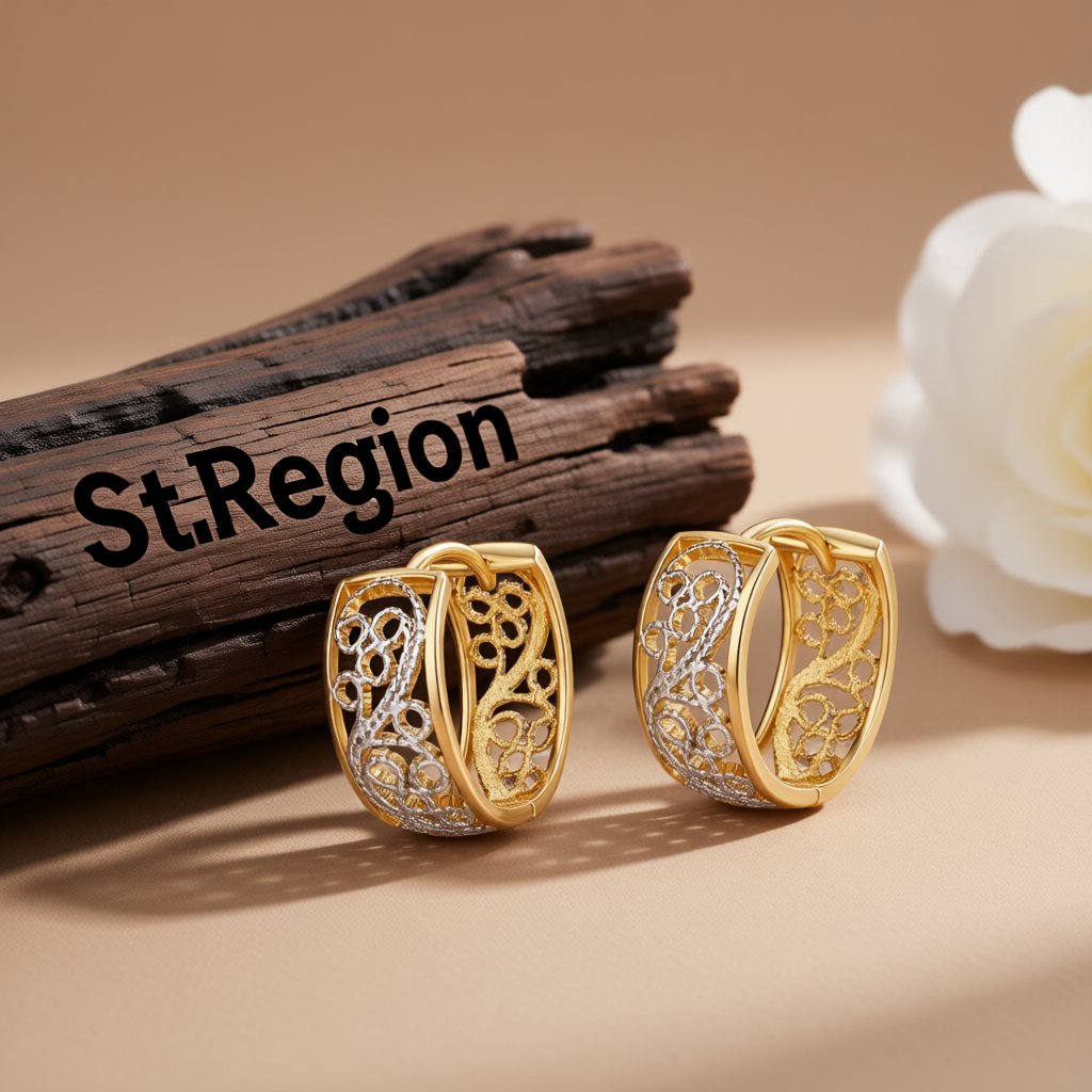 Two-Tone Scroll Huggie Earrings, huggie earrings, vintage-inspired design, front view