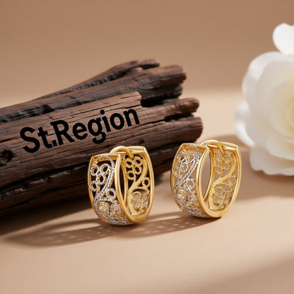Two-Tone Scroll Huggie Earrings, huggie earrings, vintage-inspired design, front view