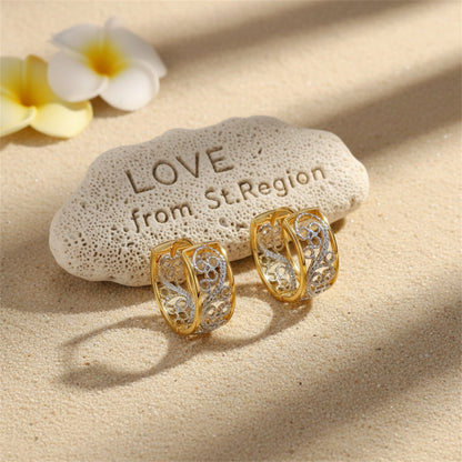Two-Tone Scroll Huggie Earrings, huggie earrings, vintage-inspired design, lifestyle look