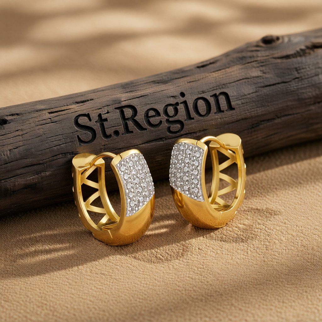 Cubic Zirconia and 18K Gold-Plated Huggie Earrings, gold huggie earrings, botanical inspired, front view