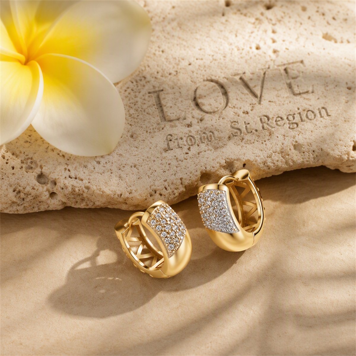 Cubic Zirconia and 18K Gold-Plated Huggie Earrings, gold huggie earrings, botanical inspired, lifestyle look