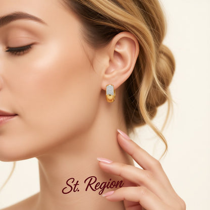 Cubic Zirconia and 18K Gold-Plated Huggie Earrings, gold huggie earrings, botanical inspired, styled look