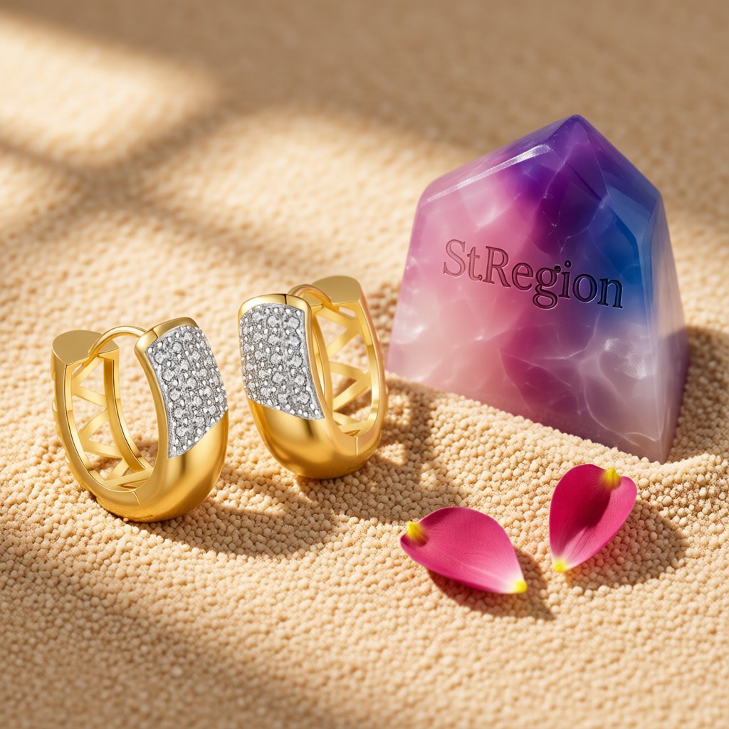 Cubic Zirconia and 18K Gold-Plated Huggie Earrings, gold huggie earrings, botanical inspired, detail close-up