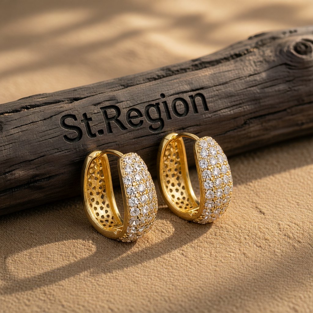 Cubic Zirconia and 18K Gold-Plated Dome Huggie Earrings, gold huggie earrings, botanical inspired, front view