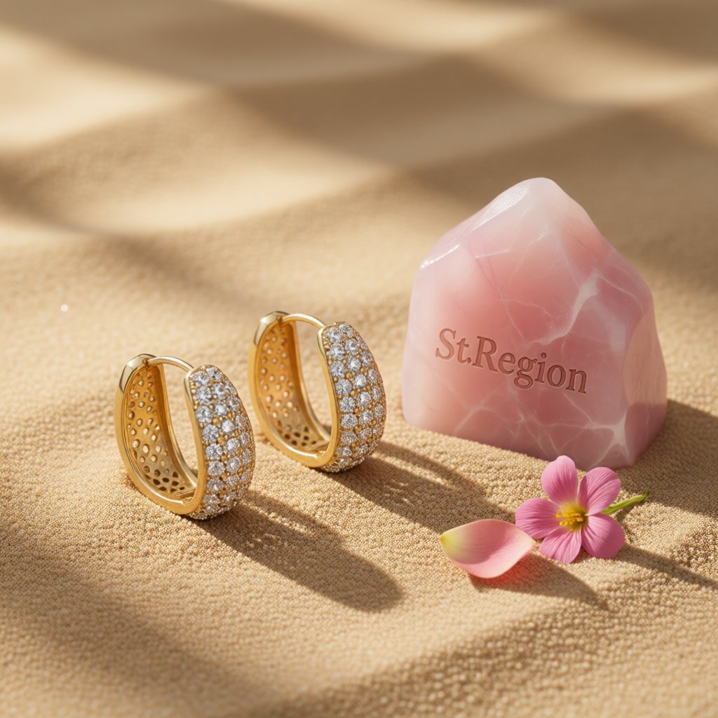 Cubic Zirconia and 18K Gold-Plated Dome Huggie Earrings, gold huggie earrings, botanical inspired, detail close-up