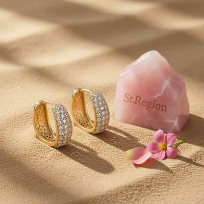 Cubic Zirconia and 18K Gold-Plated Dome Huggie Earrings, gold huggie earrings, botanical inspired, detail close-up