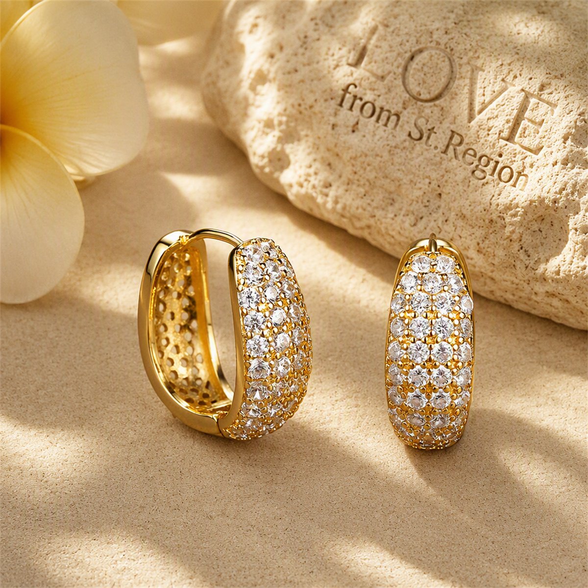 Cubic Zirconia and 18K Gold-Plated Dome Huggie Earrings, gold huggie earrings, botanical inspired, lifestyle look