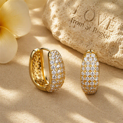 Cubic Zirconia and 18K Gold-Plated Dome Huggie Earrings, gold huggie earrings, botanical inspired, lifestyle look