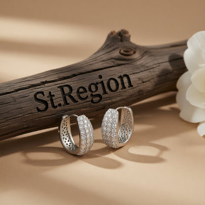 Cubic Zirconia and Silver-Plated Dome Huggie Earrings, silver huggie earrings, elegant gift for her, front view