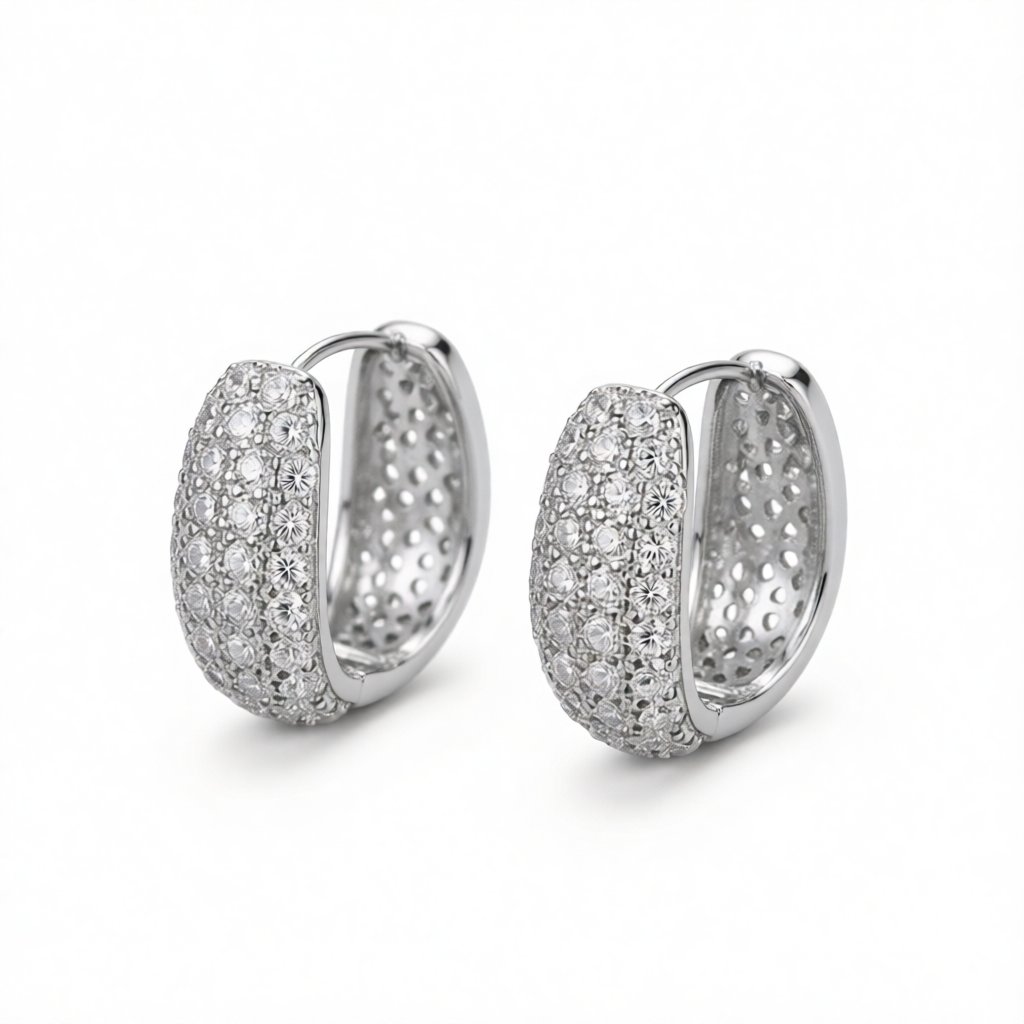 Cubic Zirconia and Silver-Plated Dome Huggie Earrings, silver huggie earrings, elegant gift for her, side view