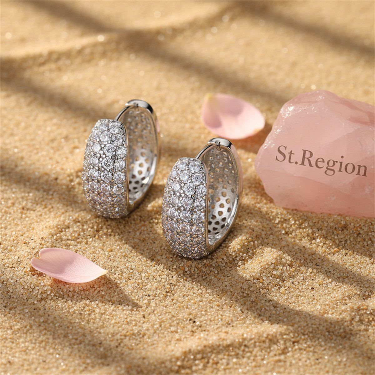 Cubic Zirconia and Silver-Plated Dome Huggie Earrings, silver huggie earrings, elegant gift for her, detail close-up