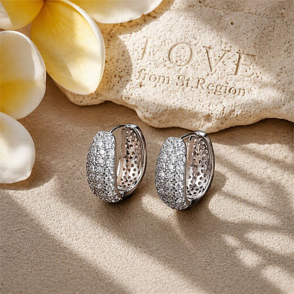 Cubic Zirconia and Silver-Plated Dome Huggie Earrings, silver huggie earrings, elegant gift for her, lifestyle look